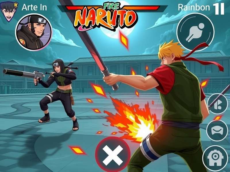 In-game screenshot of Free Fire MAX showing a character using a Naruto-themed weapon skin in battle